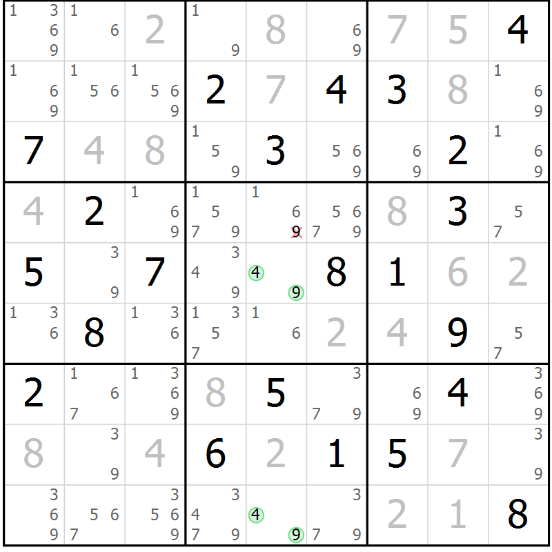 Position des candidats pour la solution de la Gr 9 page 12 du magazine de sudoku Virtuose n° 121