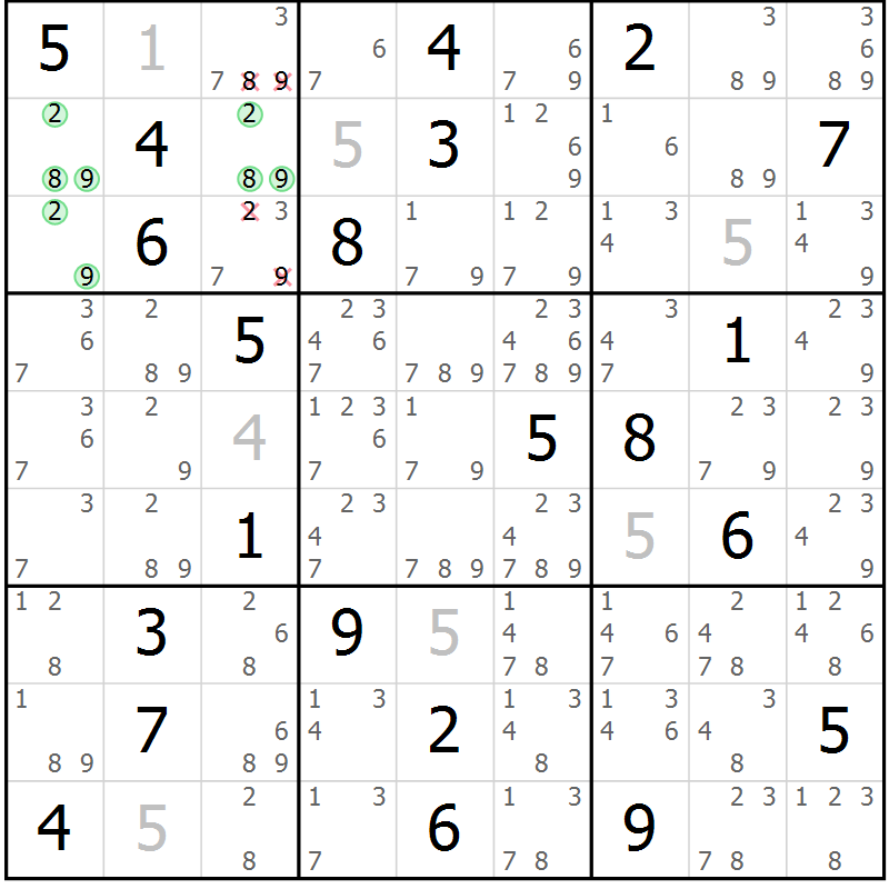 Position des candidats pour la solution de la Gr 1 page 4 du magazine de sudoku Virtuose n° 122