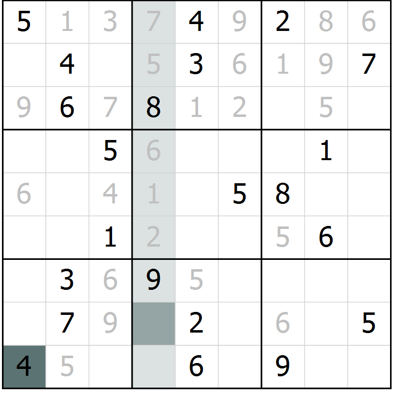 Position des candidats pour la solution de la Gr 1 page 4 du magazine de sudoku Virtuose n° 122