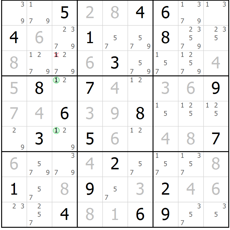 Position des candidats pour la solution de la Gr 15 page 18 du magazine de sudoku Virtuose n° 122
