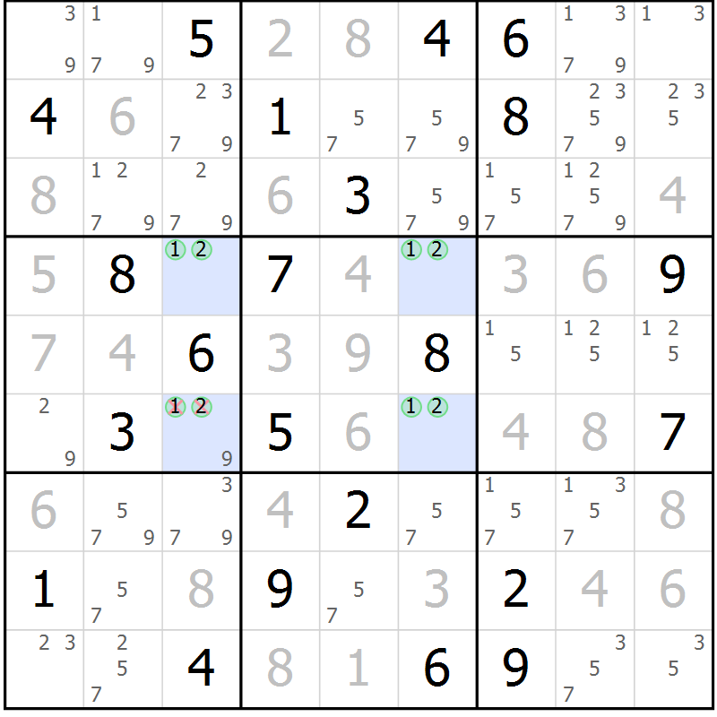 Position des candidats pour la solution de la Gr 15 page 18 du magazine de sudoku Virtuose n° 122