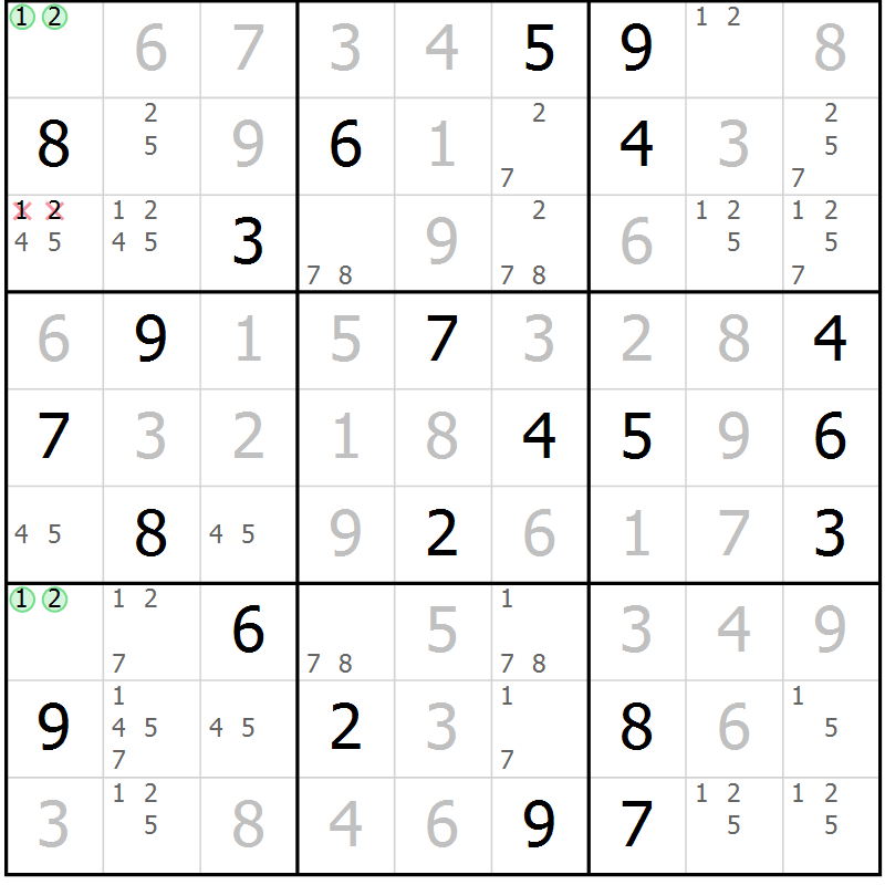 Position des candidats pour la solution de la Gr 16 page 19 du magazine de sudoku Virtuose n° 122