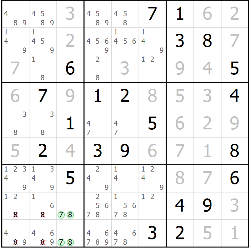 Position des candidats pour la solution de la Gr 17 page 20 du magazine de sudoku Virtuose n° 122