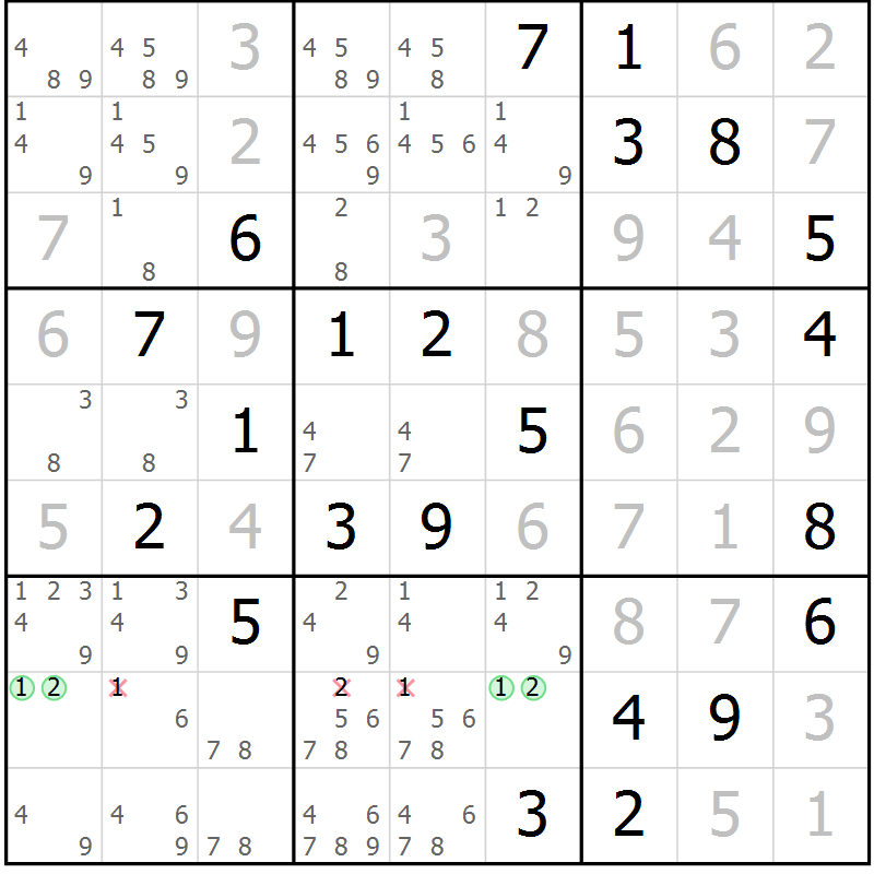 Position des candidats pour la solution de la Gr 17 page 20 du magazine de sudoku Virtuose n° 122