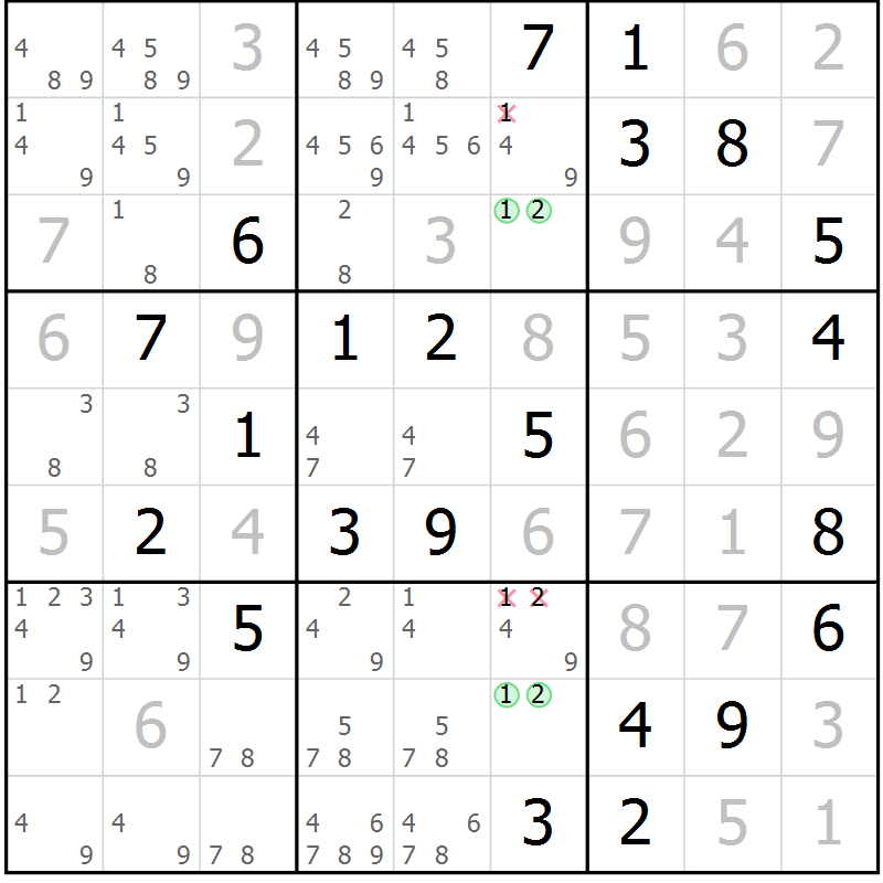 Position des candidats pour la solution de la Gr 17 page 20 du magazine de sudoku Virtuose n° 122