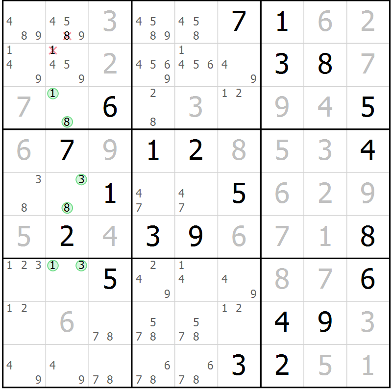 Position des candidats pour la solution de la Gr 17 page 20 du magazine de sudoku Virtuose n° 122