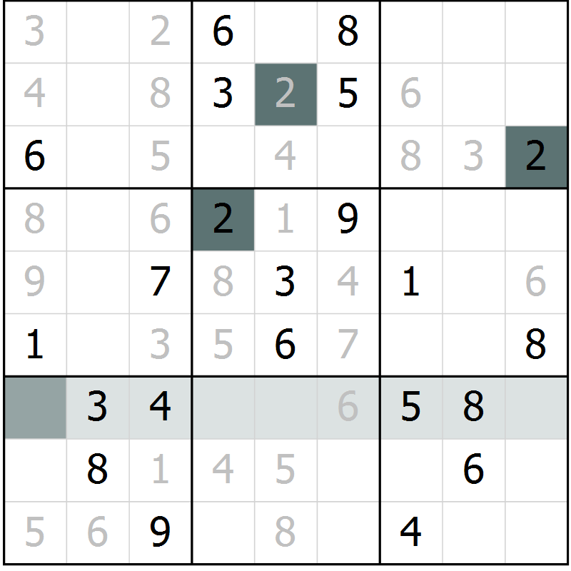 Position des candidats pour la solution de la Gr 2 page 5 du magazine de sudoku Virtuose n° 122