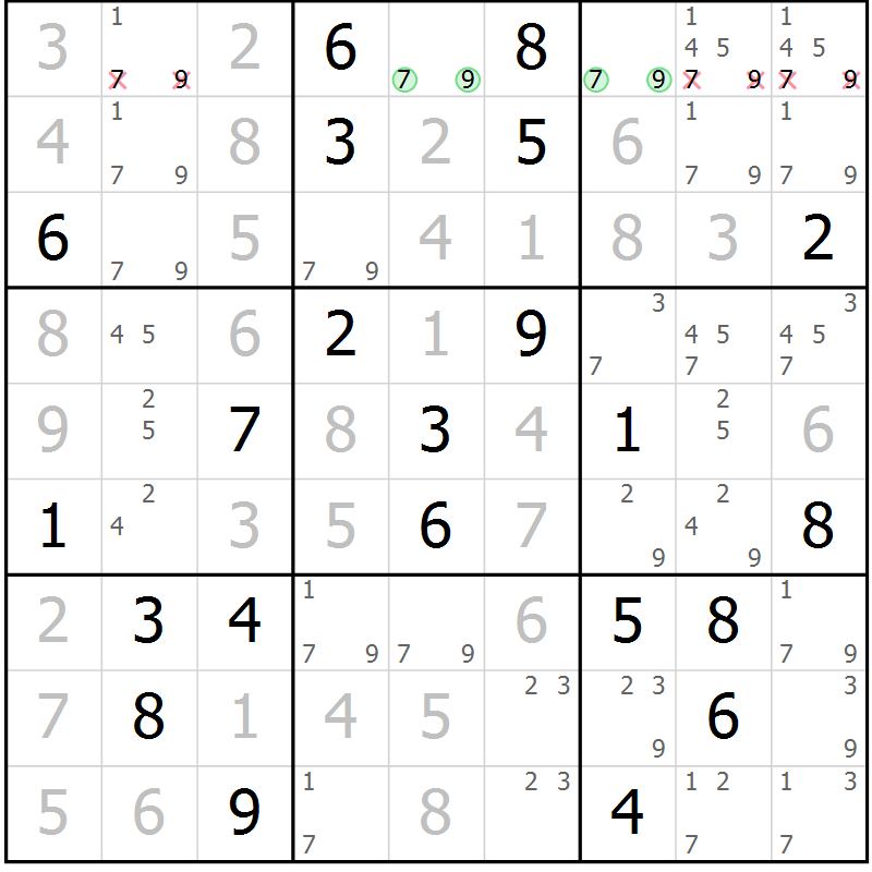 Position des candidats pour la solution de la Gr 2 page 5 du magazine de sudoku Virtuose n° 122
