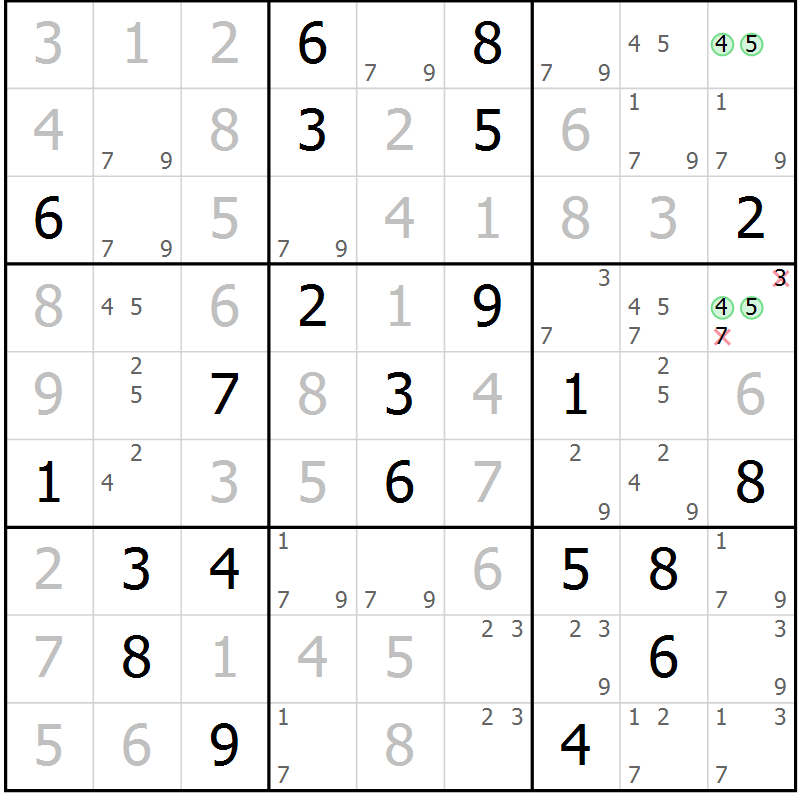 Position des candidats pour la solution de la Gr 2 page 5 du magazine de sudoku Virtuose n° 122