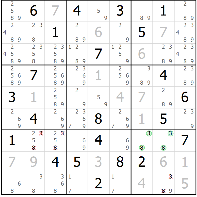 Position des candidats pour la solution de la Gr 20 page 23 du magazine de sudoku Virtuose n° 122