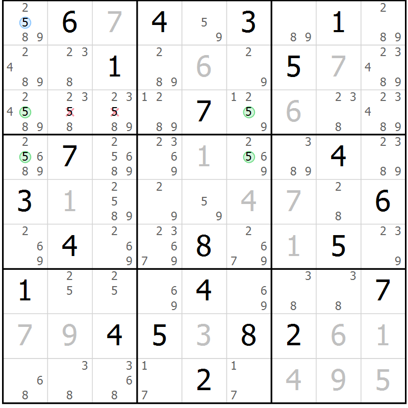 Position des candidats pour la solution de la Gr 20 page 23 du magazine de sudoku Virtuose n° 122
