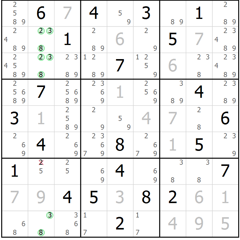 Position des candidats pour la solution de la Gr 20 page 23 du magazine de sudoku Virtuose n° 122
