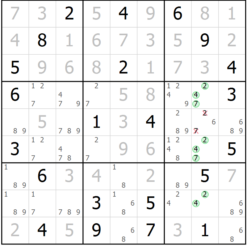Position des candidats pour la solution de la Gr 21 page 24 du magazine de sudoku Virtuose n° 122
