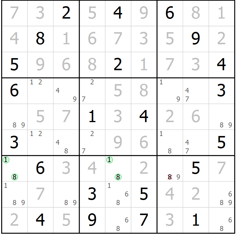 Position des candidats pour la solution de la Gr 21 page 24 du magazine de sudoku Virtuose n° 122