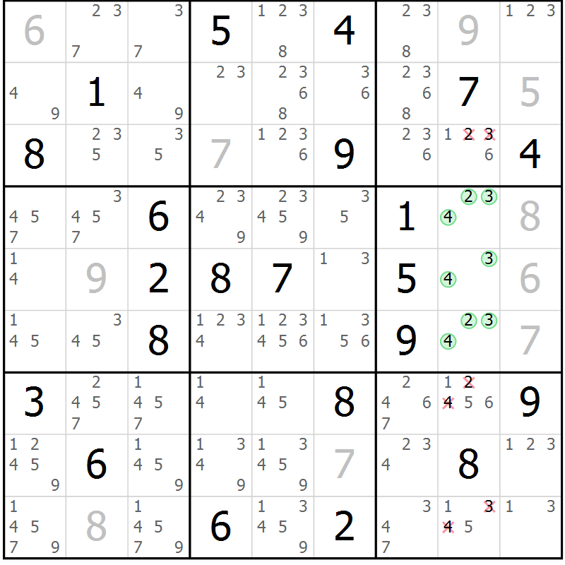 Position des candidats pour la solution de la Gr 22 page 25 du magazine de sudoku Virtuose n° 122