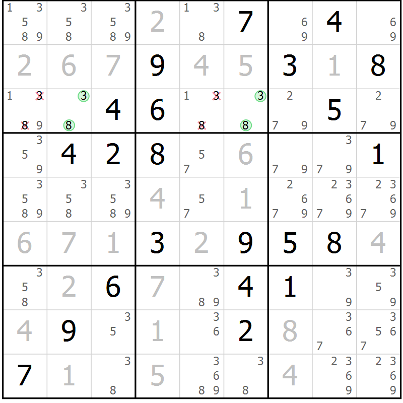 Position des candidats pour la solution de la Gr 23 page 26 du magazine de sudoku Virtuose n° 122