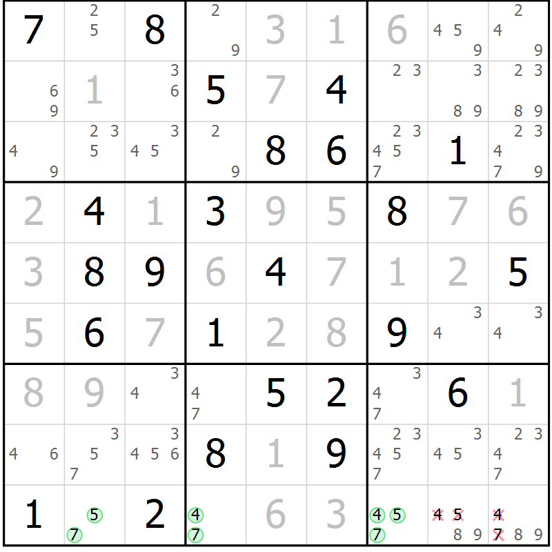 Position des candidats pour la solution de la Gr 25 page 28 du magazine de sudoku Virtuose n° 122