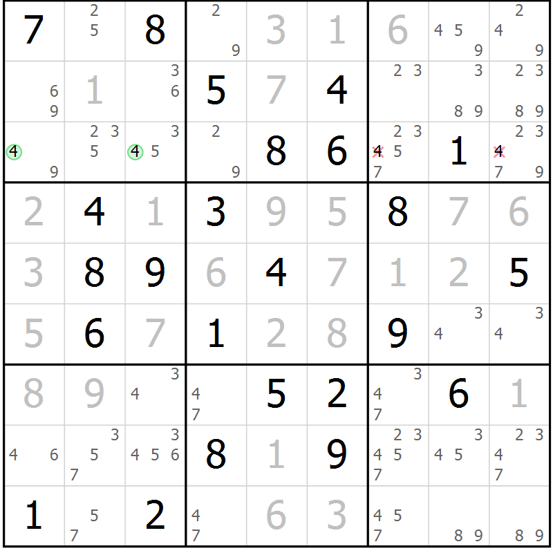 Position des candidats pour la solution de la Gr 25 page 28 du magazine de sudoku Virtuose n° 122