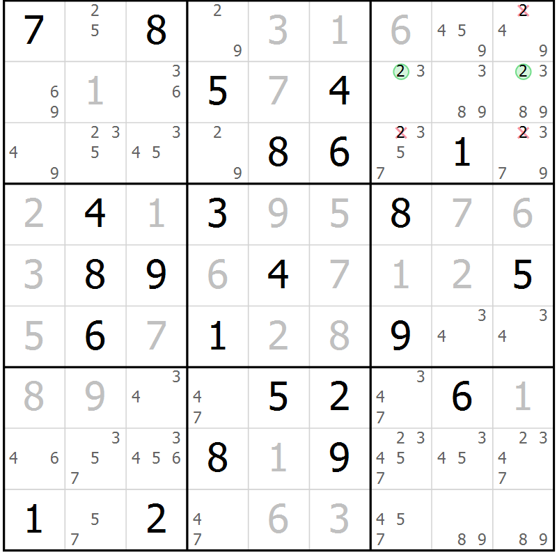 Position des candidats pour la solution de la Gr 25 page 28 du magazine de sudoku Virtuose n° 122
