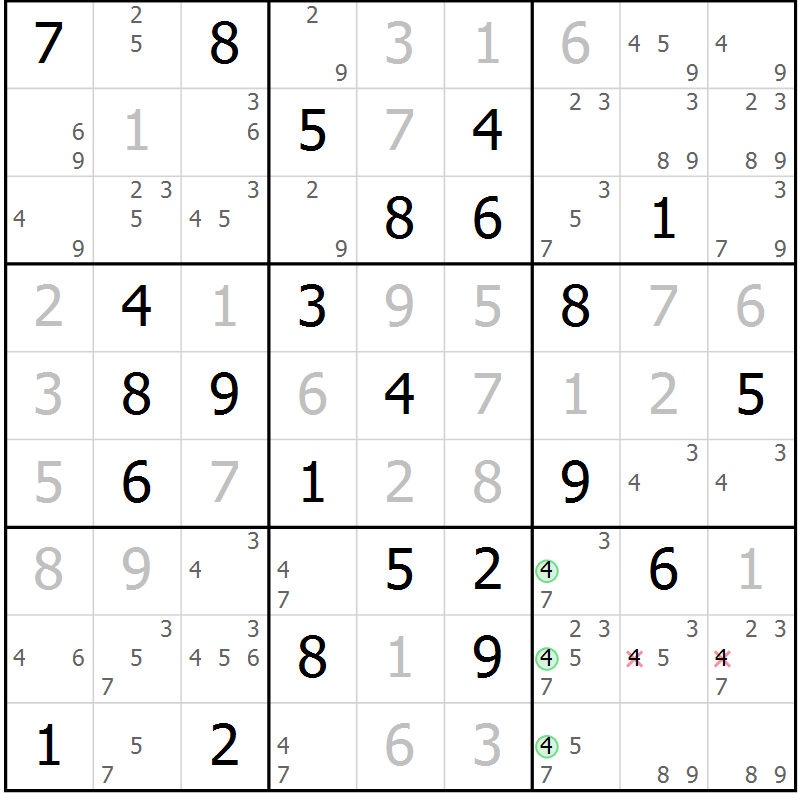 Position des candidats pour la solution de la Gr 25 page 28 du magazine de sudoku Virtuose n° 122