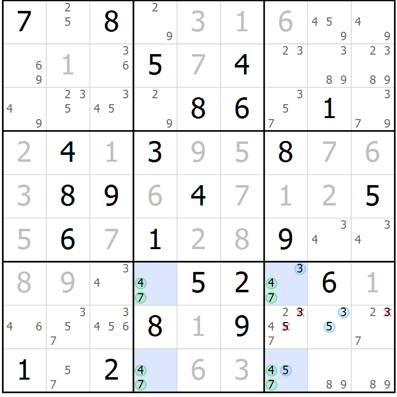 Position des candidats pour la solution de la Gr 25 page 28 du magazine de sudoku Virtuose n° 122