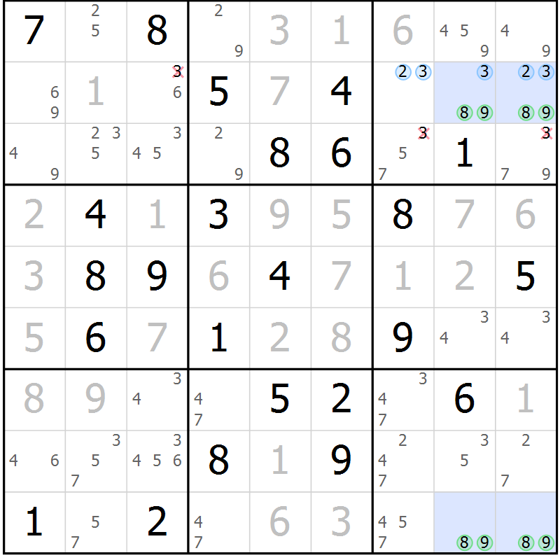 Position des candidats pour la solution de la Gr 25 page 28 du magazine de sudoku Virtuose n° 122
