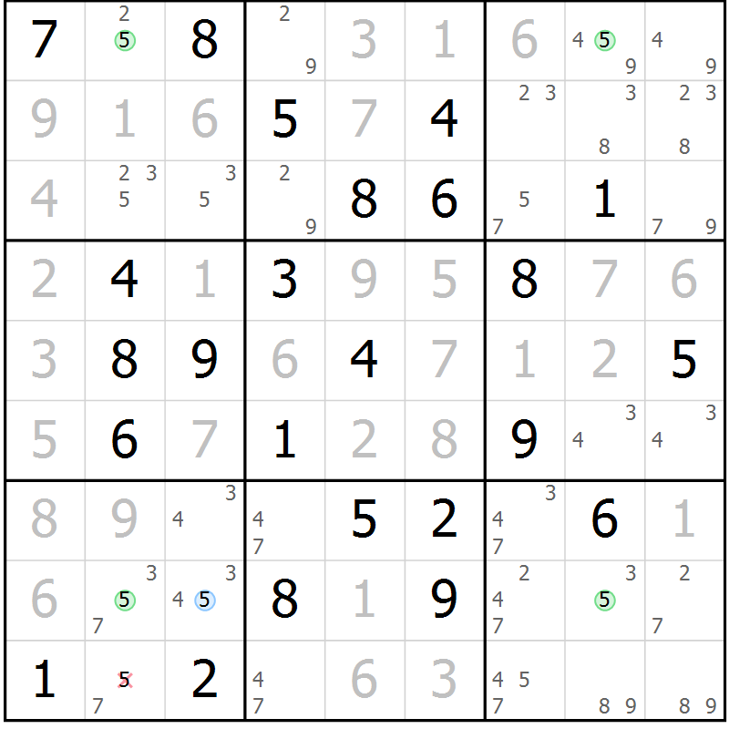 Position des candidats pour la solution de la Gr 25 page 28 du magazine de sudoku Virtuose n° 122