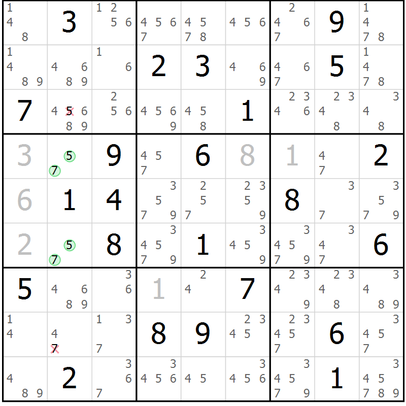 Position des candidats pour la solution de la Gr 33 page 36 du magazine de sudoku Virtuose n° 122
