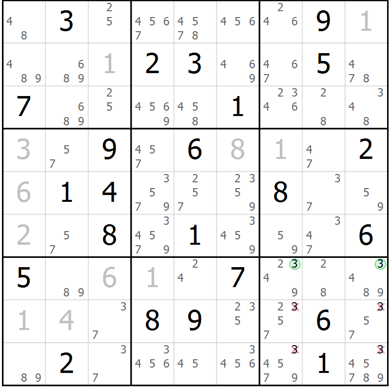 Position des candidats pour la solution de la Gr 33 page 36 du magazine de sudoku Virtuose n° 122