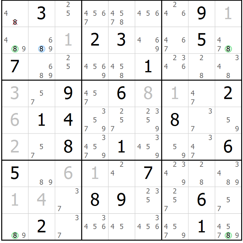 Position des candidats pour la solution de la Gr 33 page 36 du magazine de sudoku Virtuose n° 122