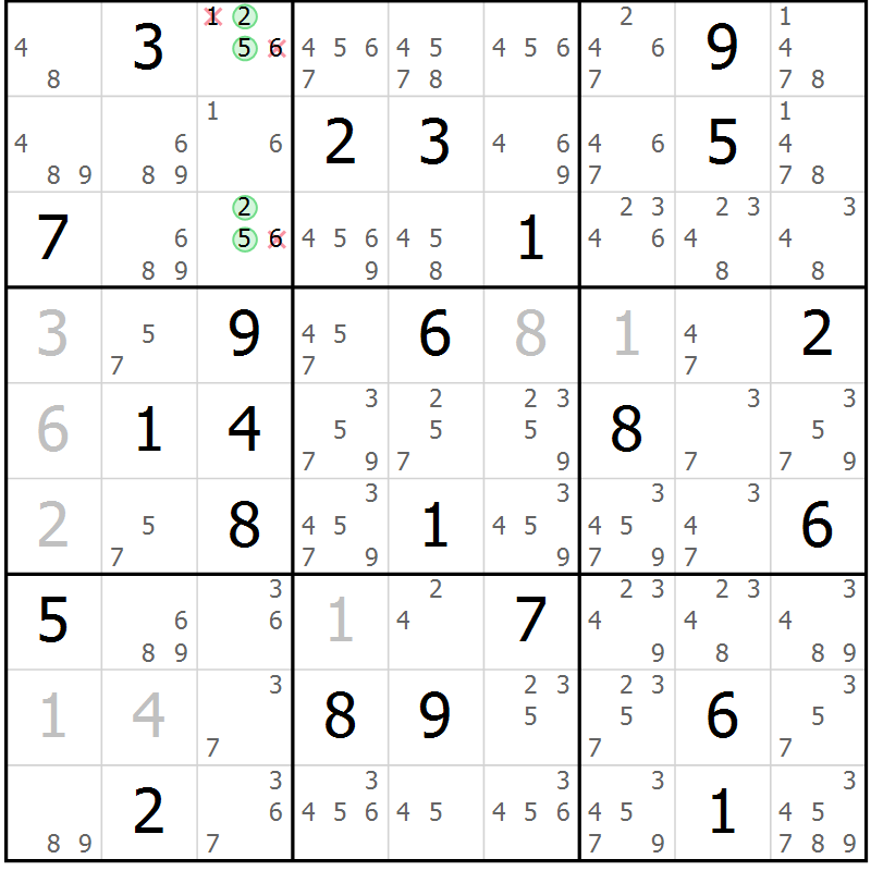 Position des candidats pour la solution de la Gr 33 page 36 du magazine de sudoku Virtuose n° 122
