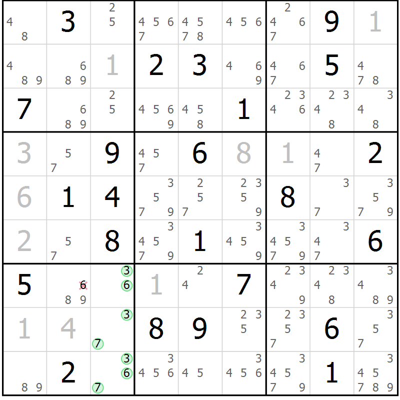 Position des candidats pour la solution de la Gr 33 page 36 du magazine de sudoku Virtuose n° 122