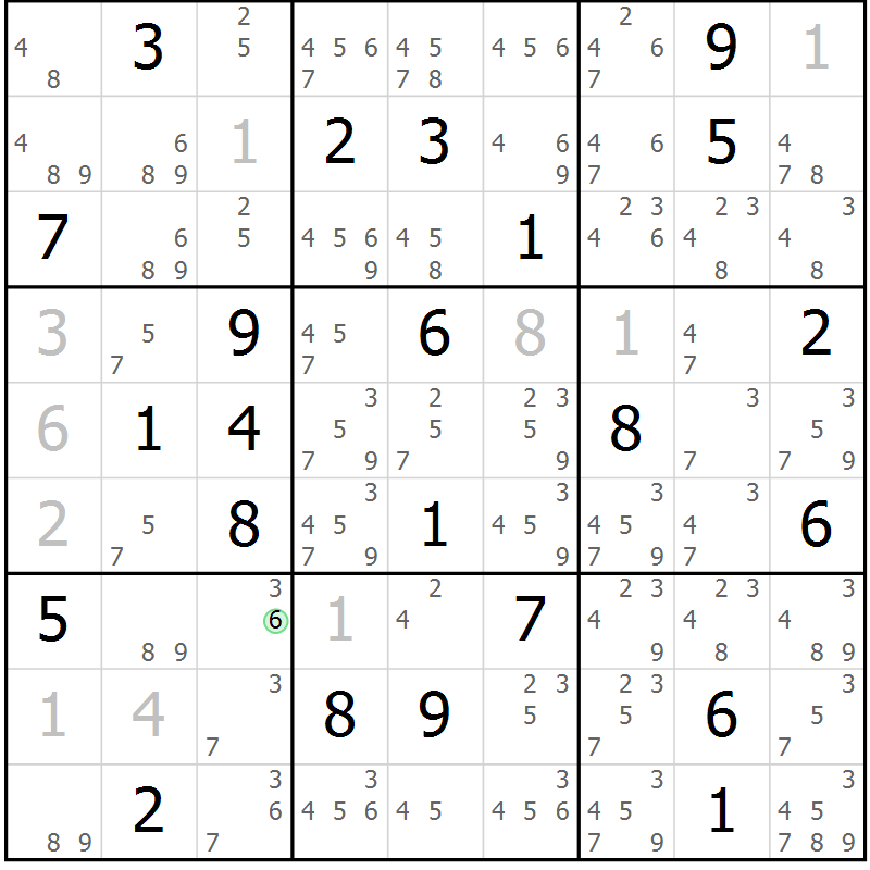 Position des candidats pour la solution de la Gr 33 page 36 du magazine de sudoku Virtuose n° 122
