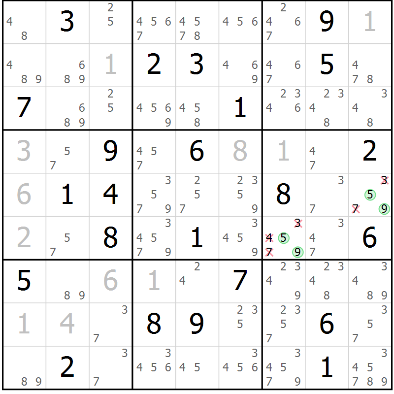 Position des candidats pour la solution de la Gr 33 page 36 du magazine de sudoku Virtuose n° 122