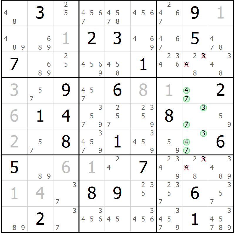 Position des candidats pour la solution de la Gr 33 page 36 du magazine de sudoku Virtuose n° 122