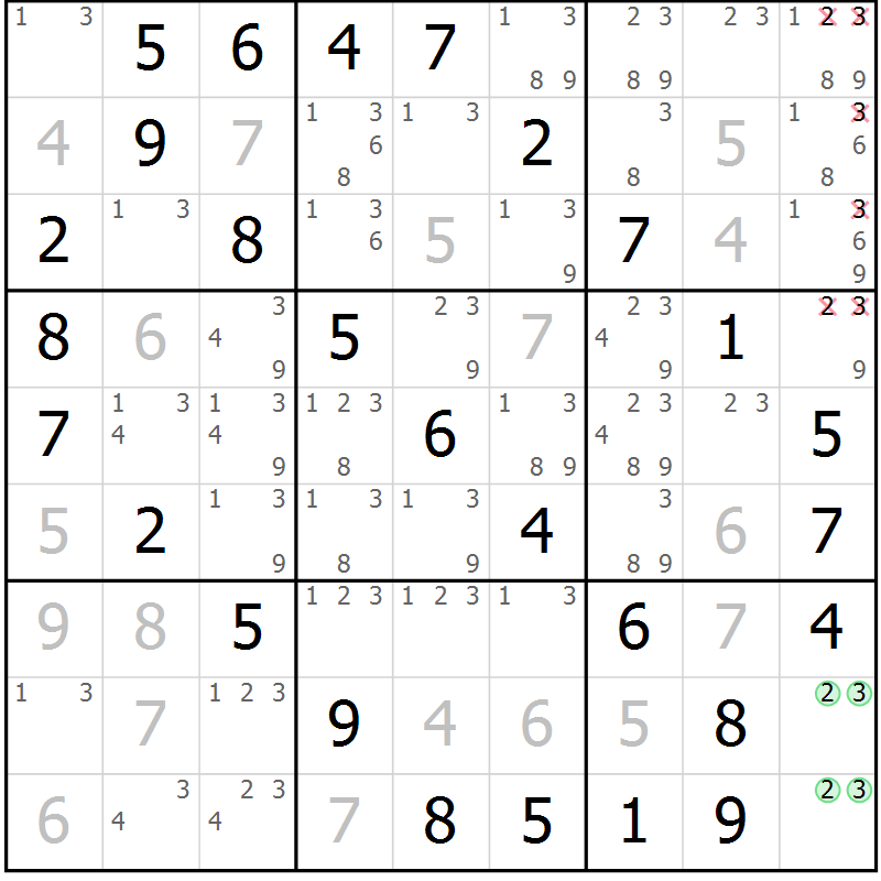 Position des candidats pour la solution de la Gr 36 page 39 du magazine de sudoku Virtuose n° 122
