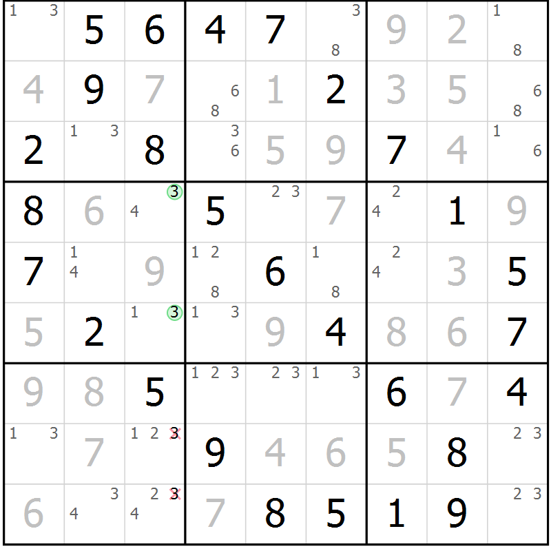 Position des candidats pour la solution de la Gr 36 page 39 du magazine de sudoku Virtuose n° 122