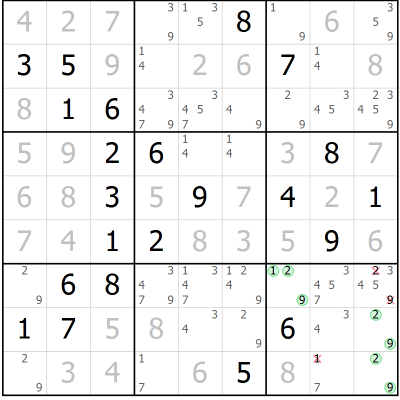 Position des candidats pour la solution de la Gr 37 page 40 du magazine de sudoku Virtuose n° 122