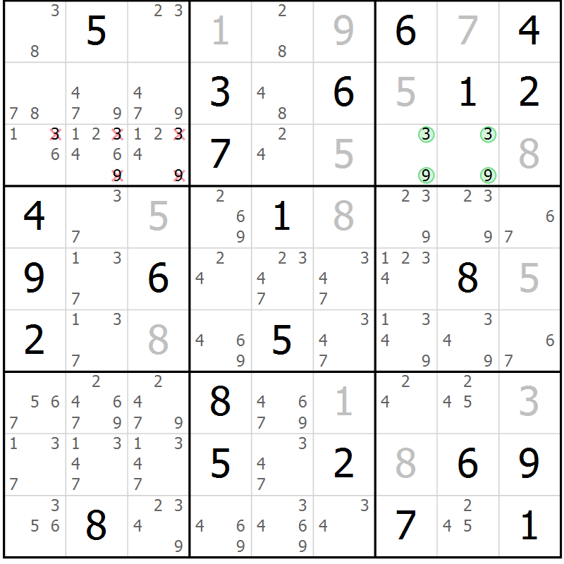 Position des candidats pour la solution de la Gr 39 page 42 du magazine de sudoku Virtuose n° 122