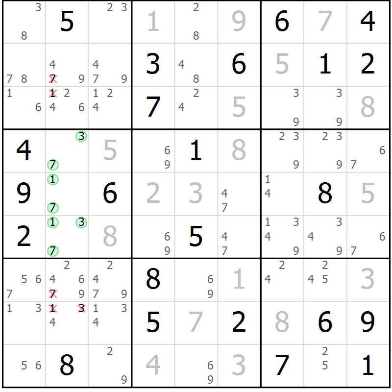 Position des candidats pour la solution de la Gr 39 page 42 du magazine de sudoku Virtuose n° 122