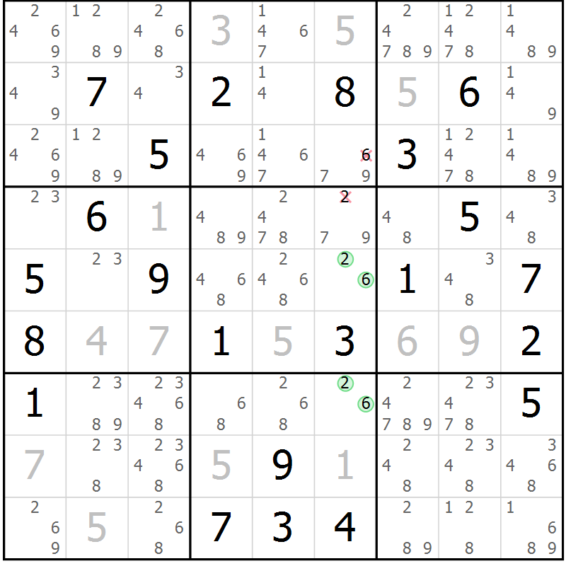 Position des candidats pour la solution de la Gr 4 page 7 du magazine de sudoku Virtuose n° 122
