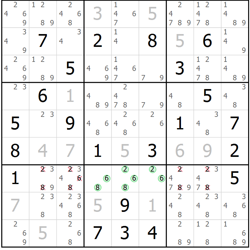 Position des candidats pour la solution de la Gr 4 page 7 du magazine de sudoku Virtuose n° 122