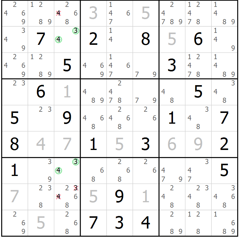 Position des candidats pour la solution de la Gr 4 page 7 du magazine de sudoku Virtuose n° 122