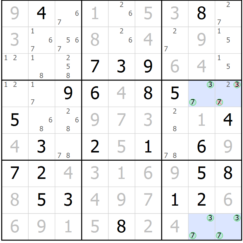 Position des candidats pour la solution de la Gr 40 page 43 du magazine de sudoku Virtuose n° 122