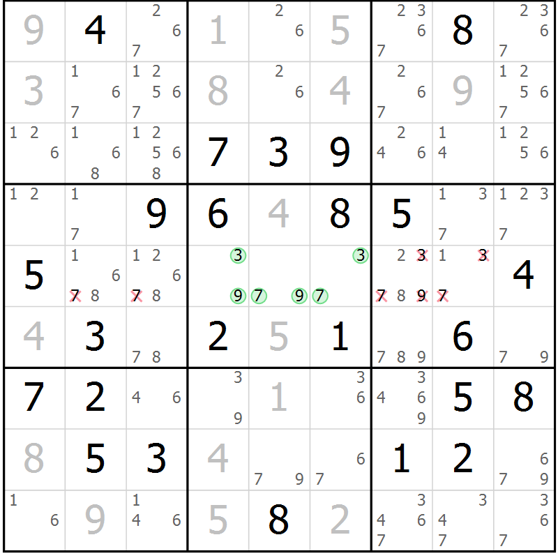 Position des candidats pour la solution de la Gr 40 page 43 du magazine de sudoku Virtuose n° 122