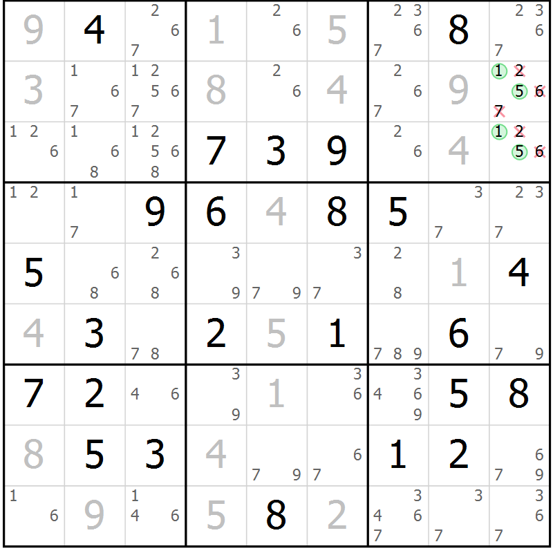 Position des candidats pour la solution de la Gr 40 page 43 du magazine de sudoku Virtuose n° 122
