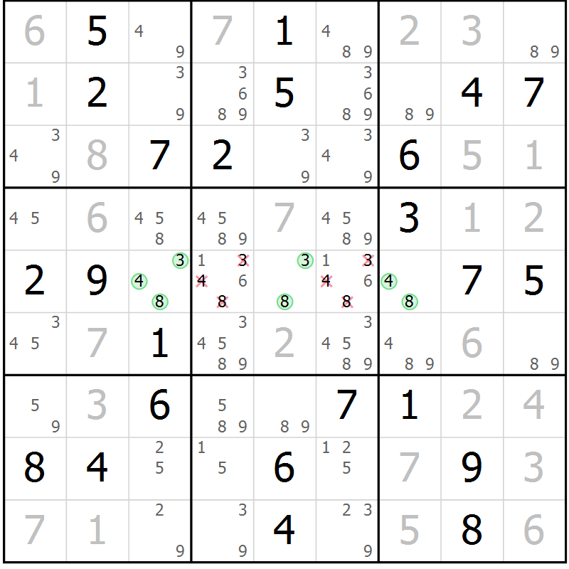 Position des candidats pour la solution de la Gr 43 page 46 du magazine de sudoku Virtuose n° 122