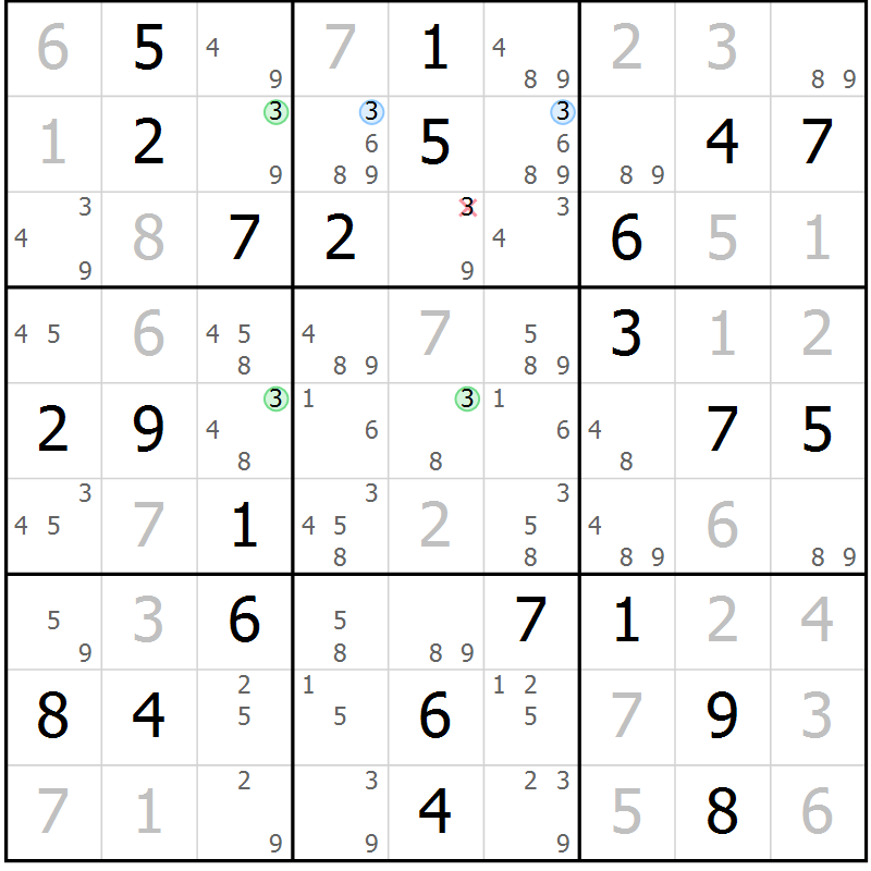 Position des candidats pour la solution de la Gr 43 page 46 du magazine de sudoku Virtuose n° 122