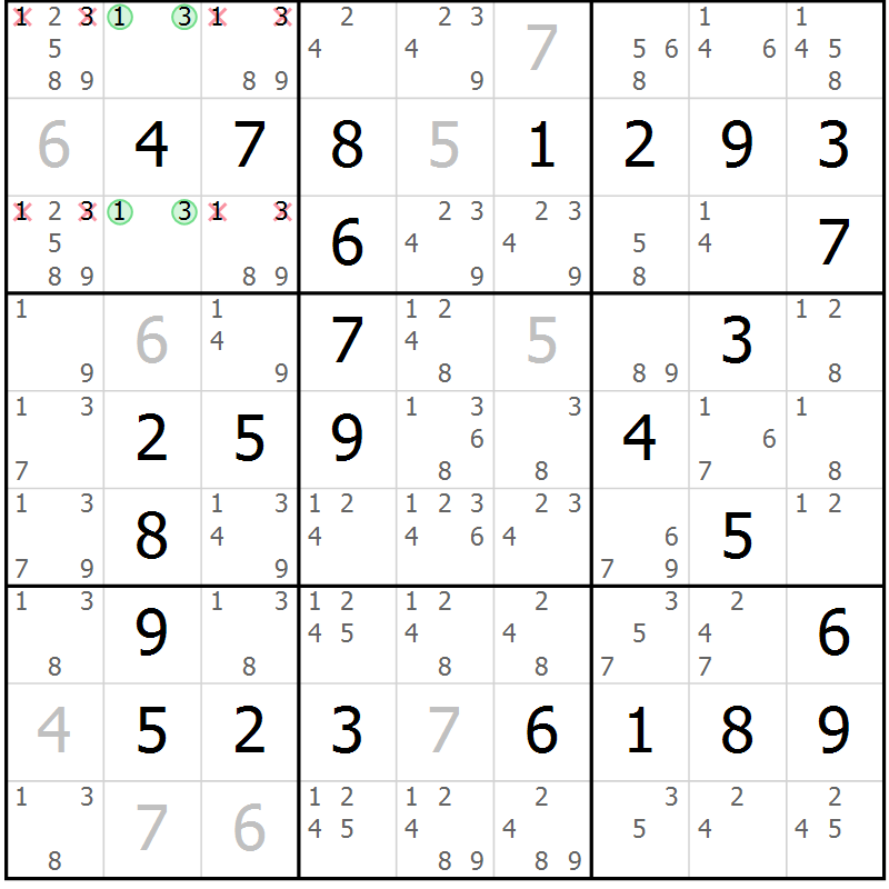 Position des candidats pour la solution de la Gr 44 page 47 du magazine de sudoku Virtuose n° 122