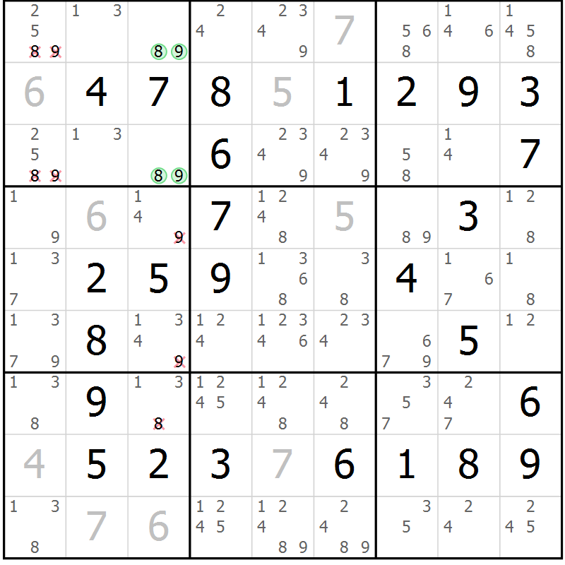 Position des candidats pour la solution de la Gr 44 page 47 du magazine de sudoku Virtuose n° 122
